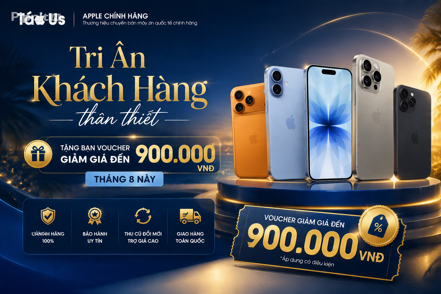 Voucher giảm 900k tri ân khách hàng Táo US